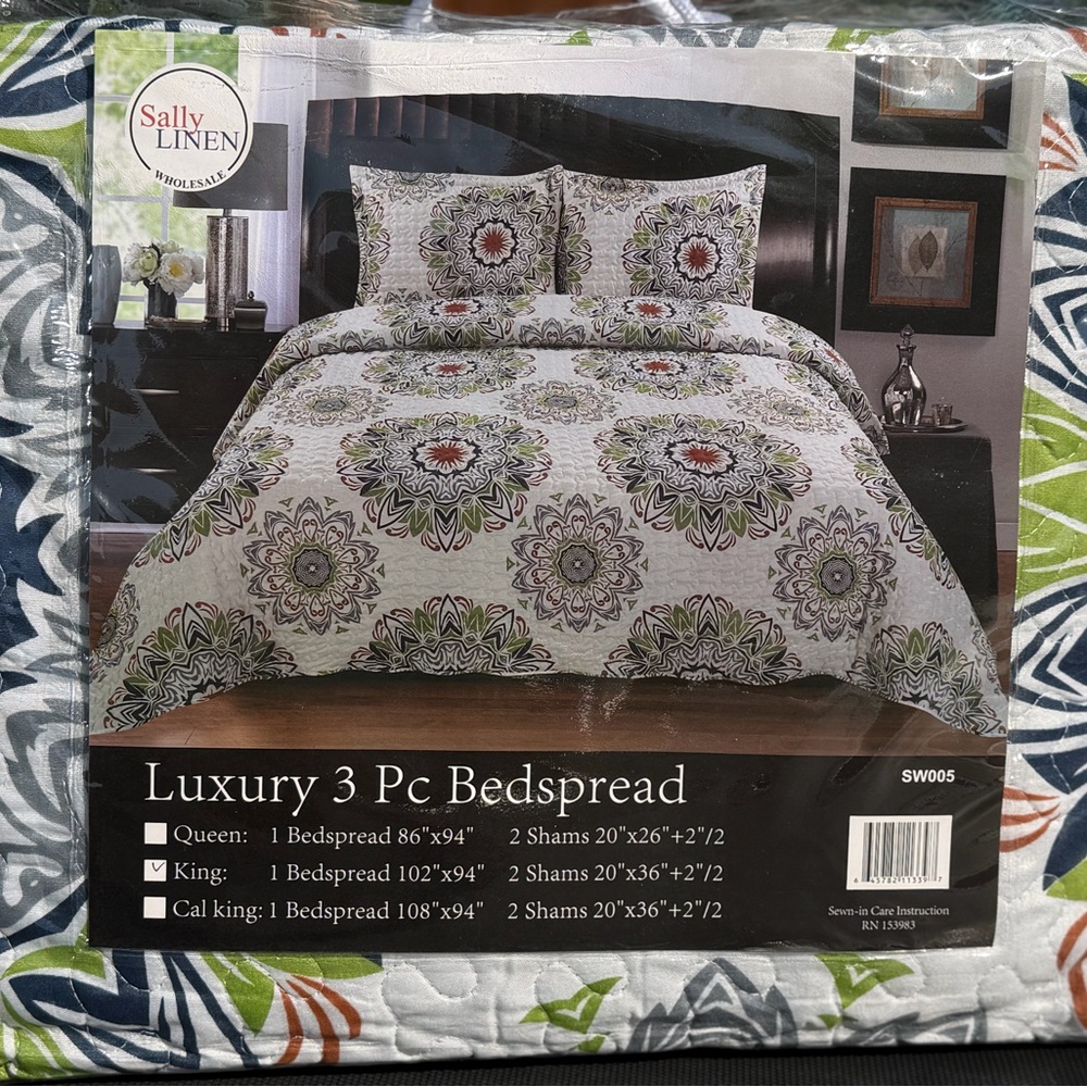 Luxury Bedspread 3 Piece king Size geometric Decor Bedding Set white black green - Picture 2 of 3